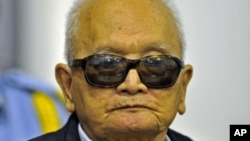 Khmer Rouge "Brother Number Two" Nuon Chea attends a public hearing at the Extraordinary Chambers in the Courts of Cambodia, on the outskirts of Phnom Penh, file photo. 
