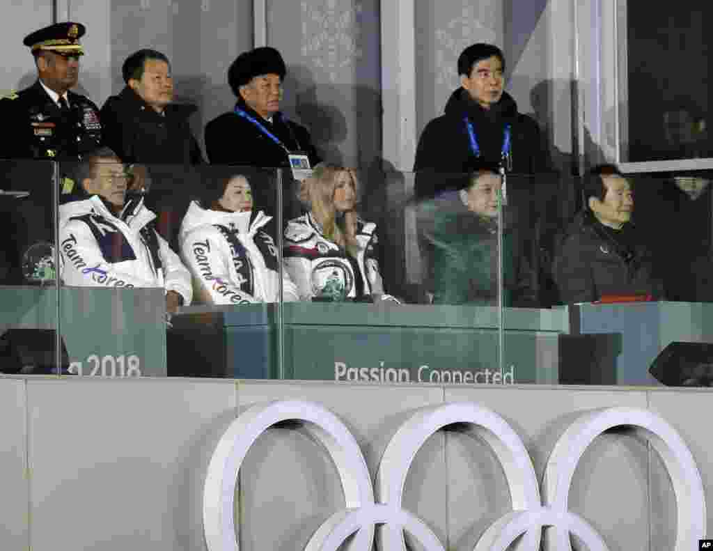 From front row left, South Korean President Moon Jae-in, his wife, Kim Jung-sook, and Ivanka Trump, U.S. President Donald Trump's daughter, watch the closing ceremony of the 2018 Winter Olympics along with Kim Yong Chol, vice chairman of North Korea's ruling Workers' Party Central Committee, standing third from back row left, in Pyeongchang, South Korea, Feb. 25, 2018.
