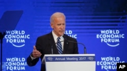 U.S. Vice President Joe Biden delivers a speech on the second day of the annual meeting of the World Economic Forum in Davos, Switzerland, Jan. 18, 2017. 