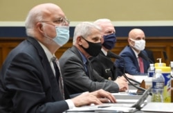 FILE - Dr. Robert Redfield, far left, and Dr. Anthony Fauci, 2nd left, join other experts in testifying on the Trump administration's response to the COVID-19 pandemic, June 23, 2020.
