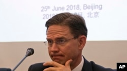 欧盟副主席卡泰宁2018年6月25日在北京见记者（美联社）
