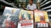 FILE - A vendor displays books written about jihad in an Islamic book store in Jakarta.
