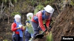 FILE - Mine detectors are used to search for landmines in Antioquia province, Colombia, Nov. 19, 2015.