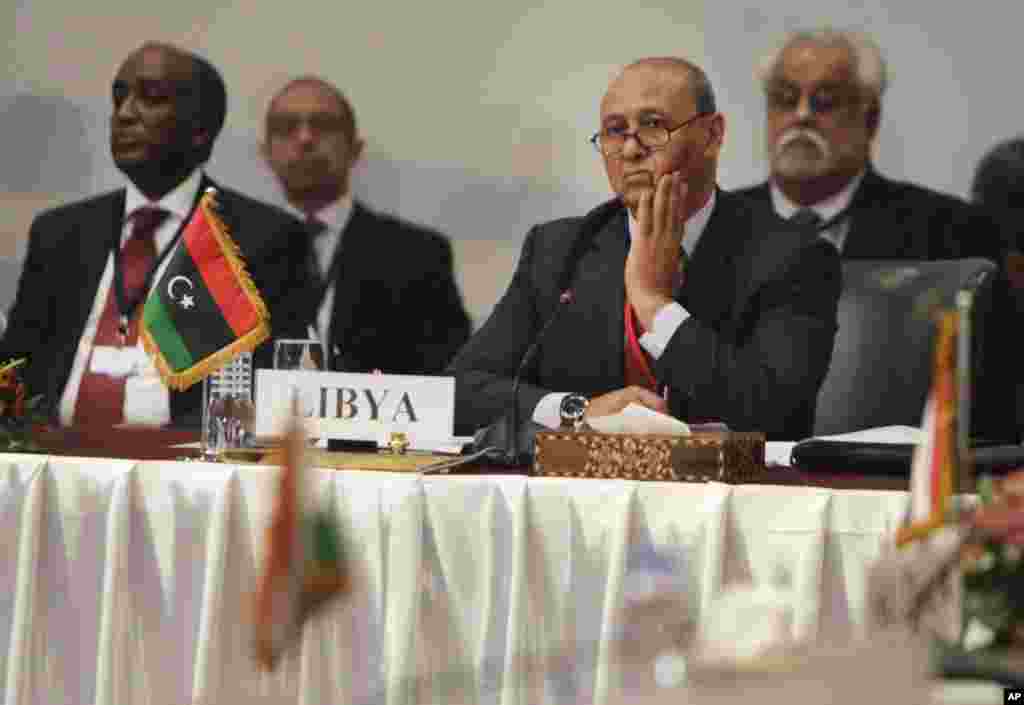 Foreign ministers from Egypt, Libya, Algeria, Tunisia, Sudan, and Chad, as well as the Arab League Secretary General, met together to address the weeks of inter-militia fighting that has wreaked havoc in Libya, in Cairo, Egypt, Aug. 25, 2014.