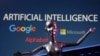 ARCHIVO: Imagen compuesta con los logos de Google, Microsoft y Alphabet, y el letrero de inteligencia artificial.