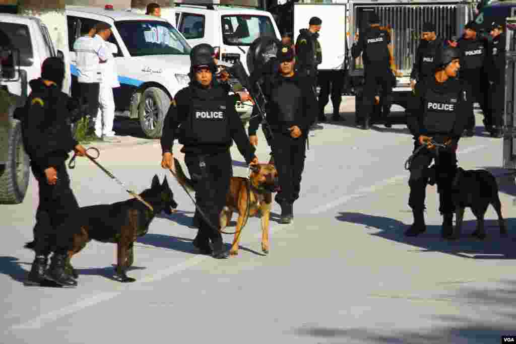 Outside the museum, police search for additional bombs after freeing the surviving hostages, Tunis, March 18, 2015. (Mohamed Krit/VOA)