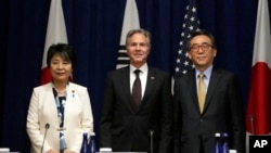 미한일 외교장관이 23일 미국 뉴욕에서 외교장관회의를 개최했다. 토니 블링컨 미국 국무장관(가운데), 조태열 한국 외교부 장관(오른쪽), 가미카와 요코 일본 외무상.