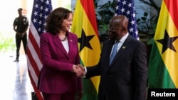 美国副总统卡马拉·哈里斯（Kamala Harris）2023年3月27日与加纳总统纳纳·阿库福-阿多（Nana Akufo-Addo）会面。（路透社）