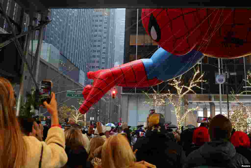 Spider-Man balloon flies during the 98th Macy's Thanksgiving Day Parade in New York City, Nov. 28, 2024.