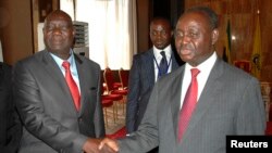 Michel Am-Nondokro Djotodia (L), leader of Central African Republic's (CAR) Seleka rebel alliance, shakes hands with CAR's President Francois Bozize (R) during peace talks with delegations representing the government and the opposition rebels in Librevill