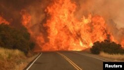 Bright flames are seen on a road in Mariposa County, California, July 17, 2017 in this picture obtained from social media.