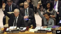 British Ambassador to the United Nations Mark Lyall Grant, left, and American Ambassador Susan Rice vote on a Security Council resolution condemning North Korea's rocket launch in December that sent a satellite into orbit