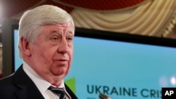 FILE - Then-Prosecutor General of Ukraine Viktor Shokin speaks during a news conference in Kyiv, Feb. 16, 2015.