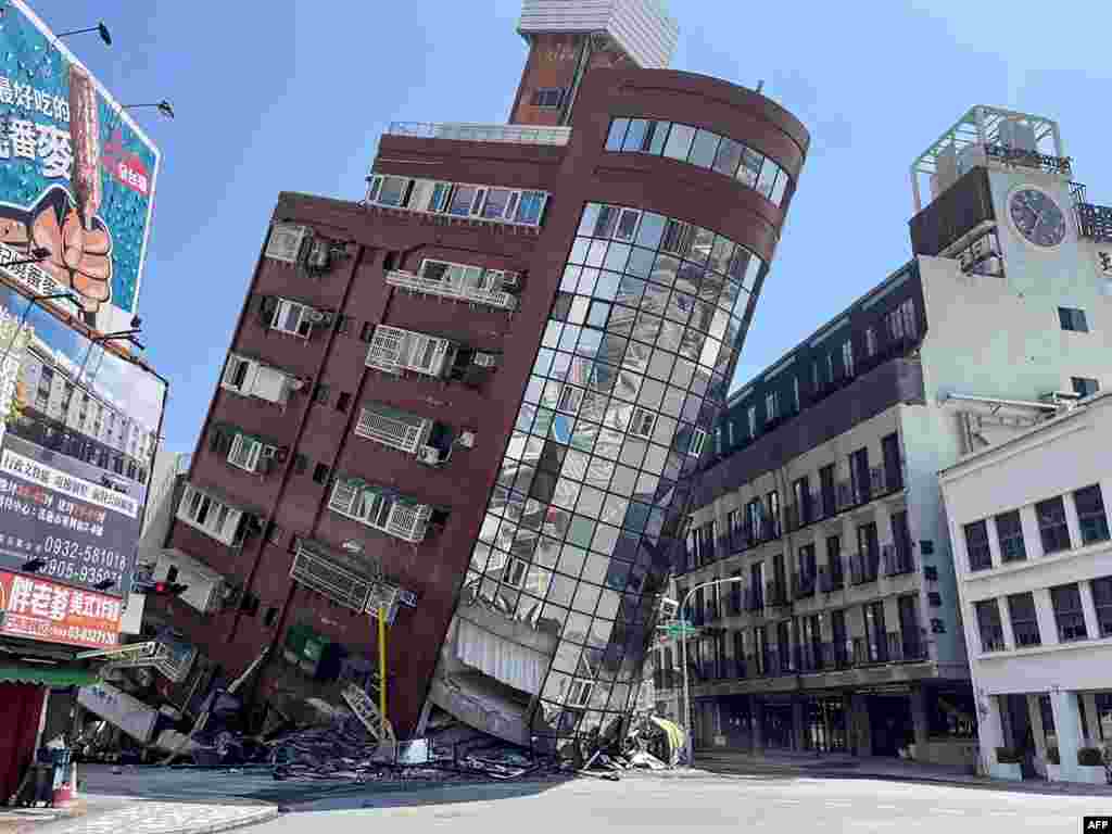 This photo taken by Taiwan's Central News Agency (CNA) on April 3, 2024 shows a damaged building in Hualien, after a major earthquake hit Taiwan's east.