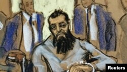 FILE - Sayfullo Saipov, the suspect in the New York truck attack, is seen in this courtroom sketch appearing in Manhattan federal courtroom in a wheelchair in New York, Nov. 1, 2017.