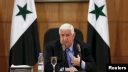 លោក Walid al-Moualem រដ្ឋ​មន្ត្រី​ការ​បរទេស​របស់​ស៊ីរី​ថ្លែង​ក្នុង​សន្និសីទ​កាសែត​មួយ​នៅ​ក្នុង​ក្រុង​ដាម៉ាស ប្រទេស​ស៊ីរី កាលពី​ថ្ងៃទី១២ ខែមីនា ឆ្នាំ២០១៦។