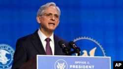 Merrick Garland, President-elect Joe Biden's pick to become attorney general, speaks during an event with Biden and Vice President-elect Kamala Harris at The Queen theater in Wilmington, Del., Jan. 7, 2021. 