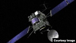 Artist view of the Rosetta spacecraft. Rosetta’s lander, Philae, is attached and is shown in blue (© ESA/J. Huart)