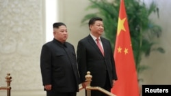 中國國家主席習近平在北京與北韓領導人金正恩見面。 （2019年1月10日朝鮮朝中社發布）