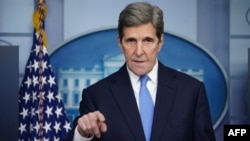Special Presidential Envoy for Climate John Kerry speaks at a briefing on climate policy in the Brady Briefing Room of the White House in Washington on Jan. 27, 2021.