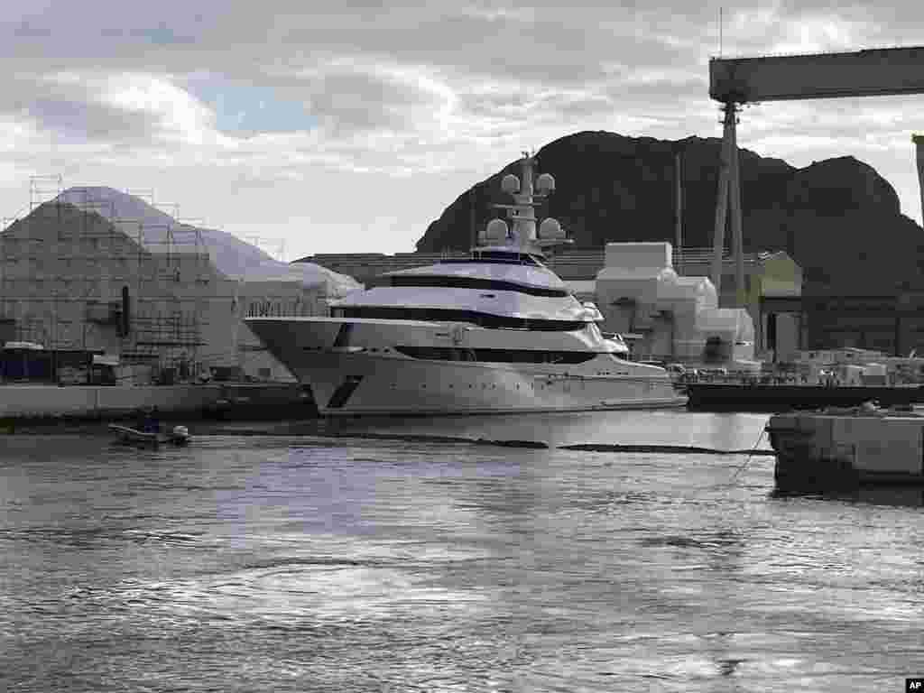 The yacht Amore Vero is docked in the Mediterranean resort of La Ciotat. French authorities have seized the yacht linked to Igor Sechin, a Putin ally who runs Russian oil giant Rosneft, as part of EU sanctions over Russia's invasion of Ukraine.
