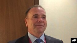 Retired Lt. Gen. Ben Hodges speaks to reporters on the sidelines of the Warsaw Security Forum in Warsaw, Poland, Oct. 24, 2018. 