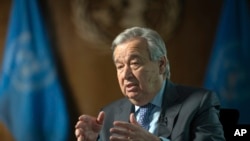United Nations Secretary-General Antonio Guterres speaks during interview at the UN Headquarters, Jan. 20, 2022, in New York. 