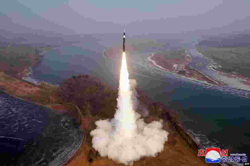 This picture taken on January 6, 2025 and released from North Korea's official Korean Central News Agency (KCNA) via KNS shows the launch of a hypersonic missile at an undisclosed location in North Korea.