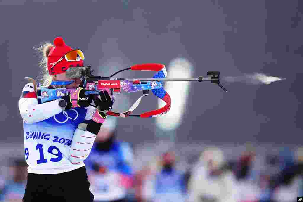 Marketa Davidova of the Czech Republic practices shooting before the women's 7.5-kilometer sprint competition at the 2022 Winter Olympics, in Zhangjiakou, China.