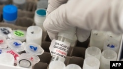FILE - A researcher lifts a vial with a potential COVID-19 vaccine at Novavax labs in Gaithersburg, Maryland, March 20, 2020, one of the labs developing a vaccine for the coronavirus.