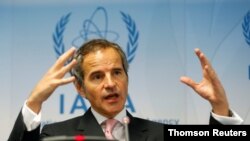 라파엘 그로시 국제원자력기구(IAEA) 사무총장이 15일 오스트리아 빈에서 열린 회의에서 발언하고 있다.