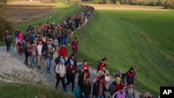 Migrantes caminan en un dique después de cruzar de Croacia hacia Eslovenia, el martes, 20 de octubre de 2015.