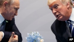 Presiden AS Donald Trump (kanan) saat bertemu dengan Presiden Rusia Vladimir Putin di KTT G20, Hamburg, Jerman, 7 Juli 2017. (Foto: dok).