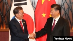 APEC 정상회의 참석 중인 문재인 대통령과 시진핑 중국 국가주석이 11일 오후(현지시간) 베트남 다낭 크라운플라자 호텔에서 열린 정상회담에서 반갑게 미소지으며 악수하고 있다. 