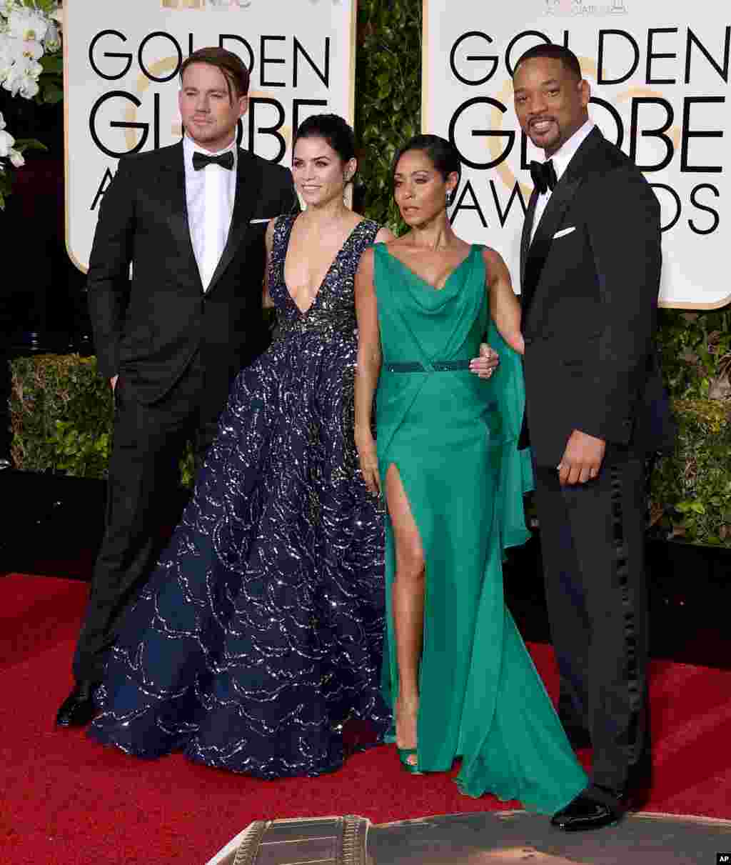 Channing Tatum, from left, Jenna Dewan Tatum, Jada Pinkett Smith, and Will Smith arrive at the 73rd annual Golden Globe Awards on Jan. 10, 2016, at the Beverly Hilton Hotel in Beverly Hills, Calif.
