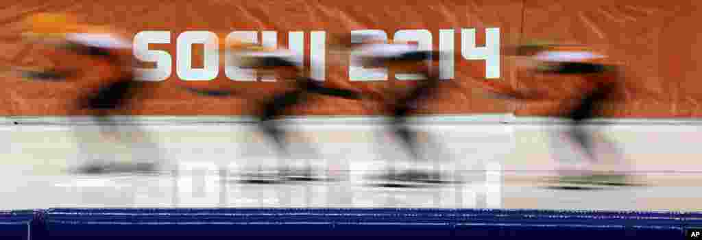 Speed skaters from the Netherlands train at the Adler Arena Skating Center ahead of the 2014 Winter Olympics in Sochi, Feb. 4, 2014.