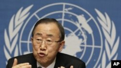 UN Secretary-General Ban Ki-moon addresses a news conference at the United Nations in Geneva, April 12, 2012.