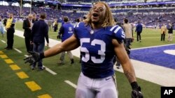 FILE - In this Nov. 20, 2016 photo, Indianapolis Colts linebacker Edwin Jackson (53) walks off the field following an NFL football game against the Tennessee Titans in Indianapolis. Jackson, 26, was one of two men killed when a suspected drunken driver struck them as they stood outside their car along a highway in Indianapolis. 