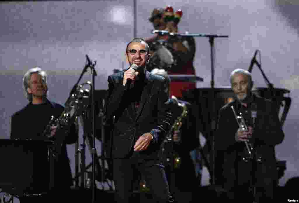 Ringo Starr performs "Photograph" at the 56th annual Grammy Awards in Los Angeles, Jan. 26, 2014.