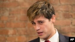 Milo Yiannopoulos speaks during a news conference in New York, Feb. 21, 2017. 