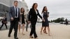 House Speaker Nancy Pelosi of Calif., second from right, arrives for a news conference on veteran suicide prevention with House Veterans' Committee members, April 29, 2019, at the House Triangle in Washington.