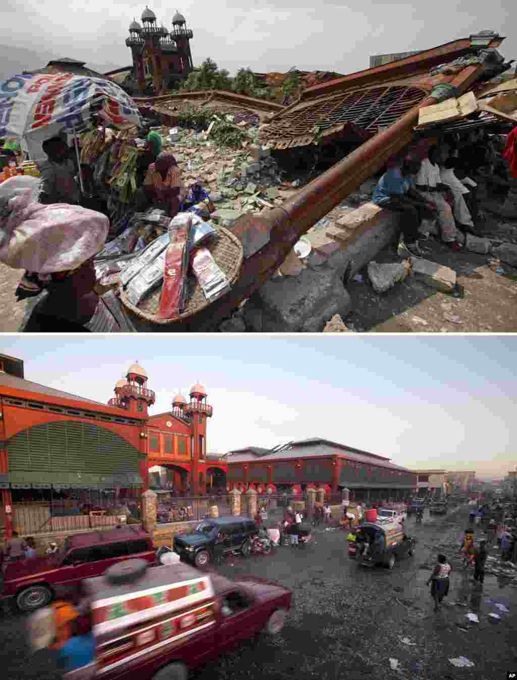 FILE - At top, Feb. 15, 2010, people sell goods outside the ruins of the old Iron Market, a month after it was destroyed in Port-au-Prince, Haiti; below, Jan. 10, 2015, the market has been rebuilt by Haiti’s biggest employer, mobile company Digicel.