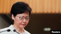香港特首林鄭月娥2019年9月5日在香港的記者會上。