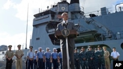 U.S. President Barack Obama speaks to reporters after touring the BRP Gregorio del Pilar in Manila, Philippines, Tuesday, Nov. 17, 2015.