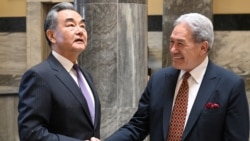 3月18日，新西蘭副總理兼外交部長溫斯頓彼得斯在威靈頓與造訪的中國外長王毅握手。