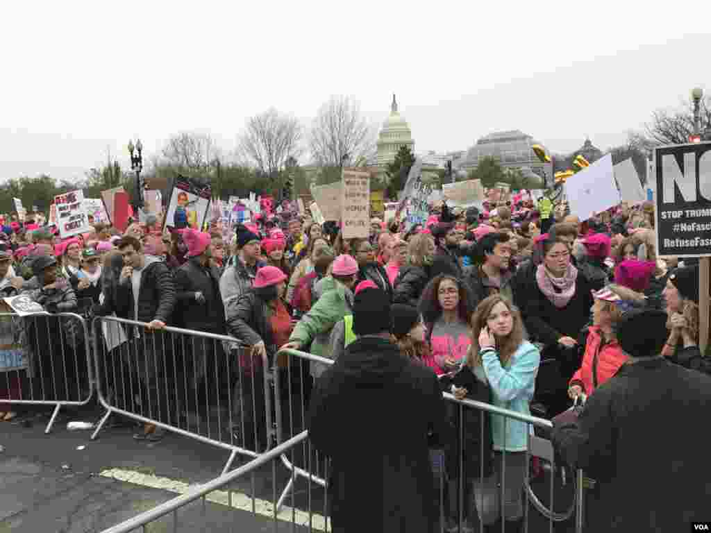 Para demonstran dalam protes massal Women's March di Washington, D.C. (21/1). (VOA/M. Habibzada)
