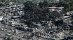 View of the destroyed Moria camp following a fire, on the island of Lesbos, Greece, Sept. 15, 2020.